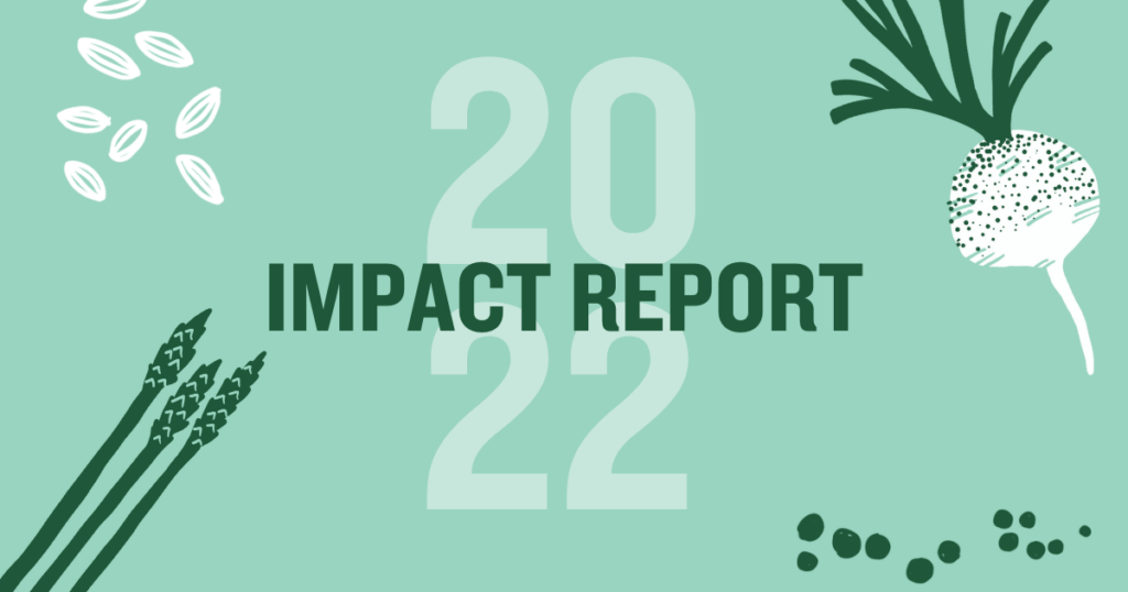 Green 2022 Impact Report graphic with illustrated vegetables and seeds on a light green background.