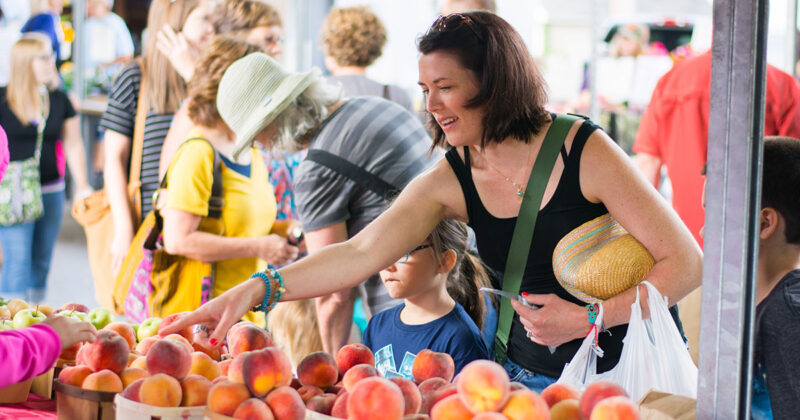 Family shopping at farmers market selecting peaches from a vendor.