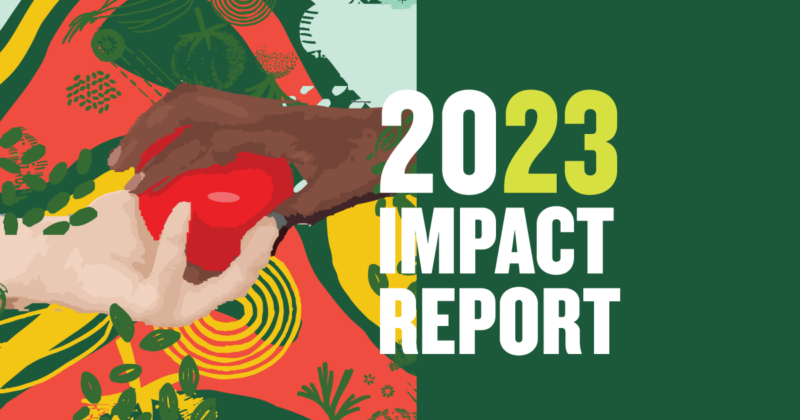 Illustration of hands exchanging an apple for Fair Food Network 2023 Impact Report