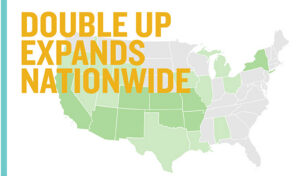 Yellow text over a US map highlights states in green, showing Double Up expands nationwide.