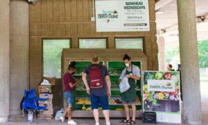 Three people shop for fresh produce at an outdoor market stand under a covered pavilion.