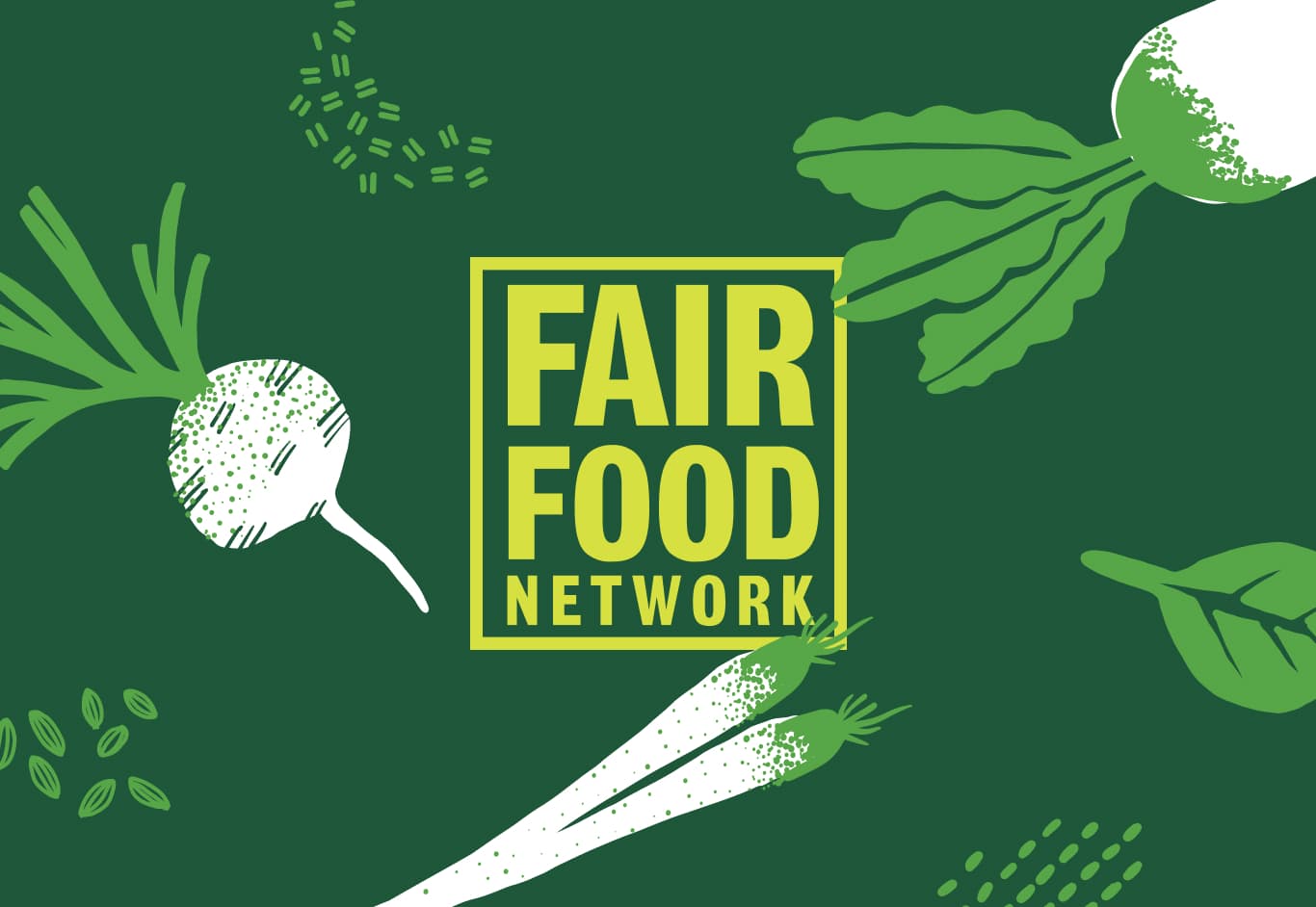 FAIR FOOD NETWORK logo with illustrated vegetables and leaves on a green background..