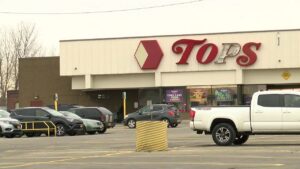 Tops supermarket parking lot with cars parked outside on an overcast day.